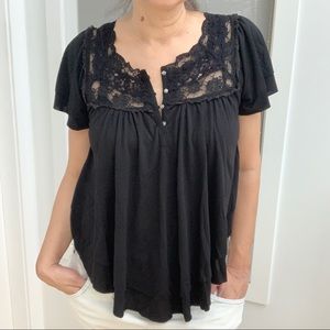 Free people lace and black jersey top with flutter sleeves